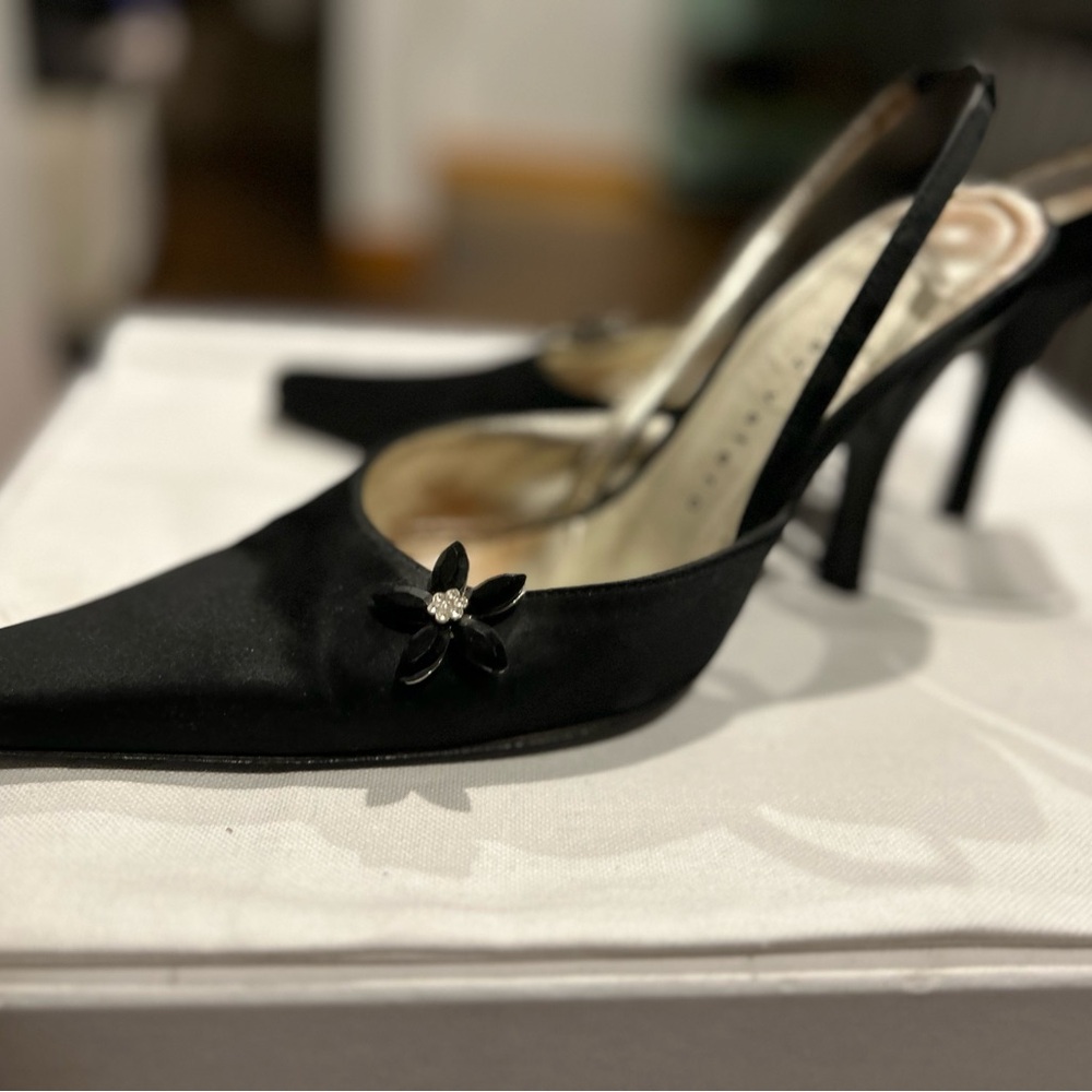 Black Satin Martinez Valero 3” Heels with rhinestone flower details.